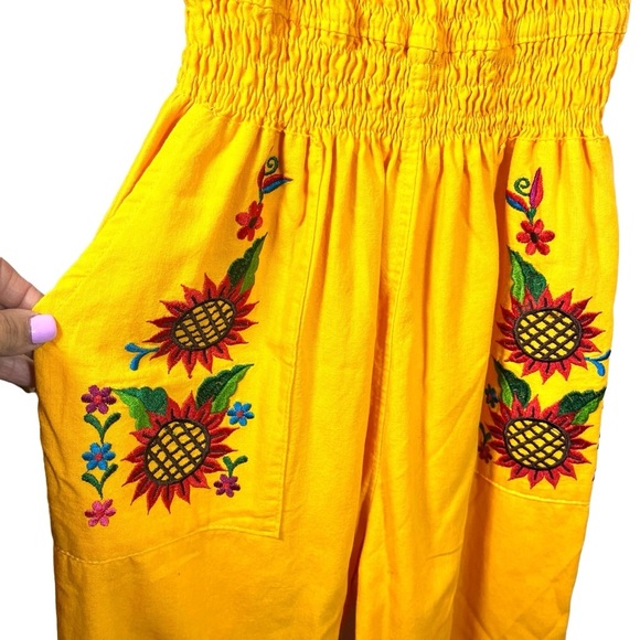 Mexican Boho Embroidered Off Shoulder Yellow Floral Sunflower Jumpsuit w/Pockets - Picture 5 of 8